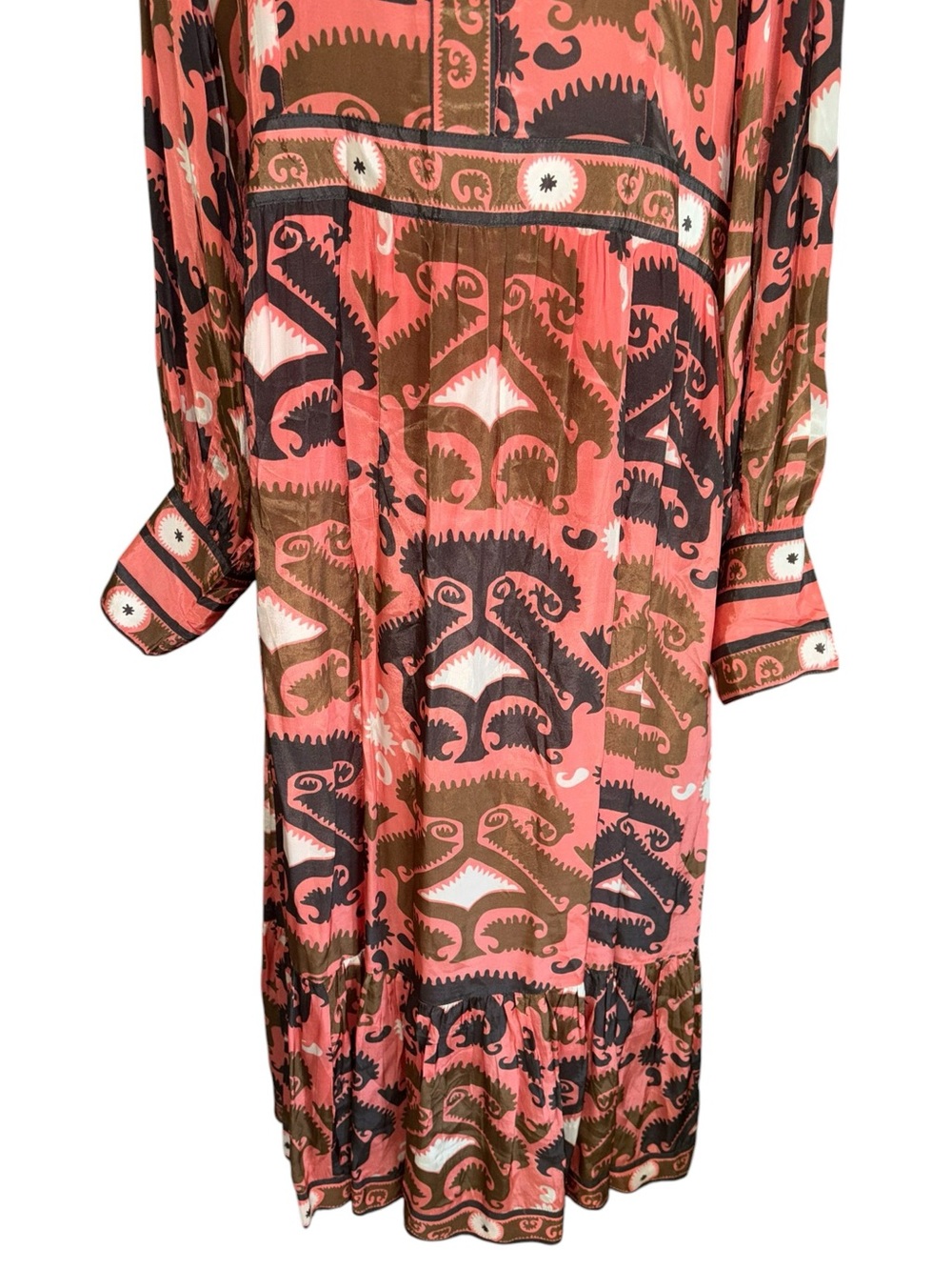 Oliphant Uzbek Coral Printed Shirt Waist Maxi Dress - L - Picture 5 of 11
